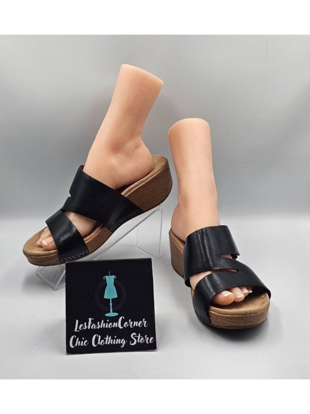 Dansko Women Black Leather Lacee Open Toe Slip-On Wedge Sandals Sz 9.5 (40) 3712